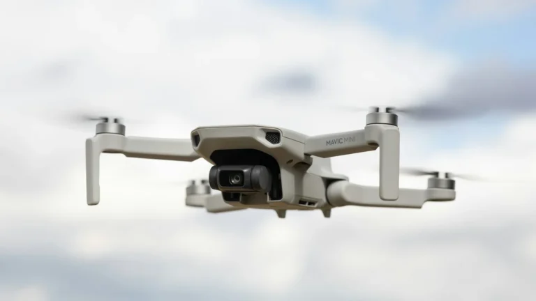 Drone DJI Mini branco em voo com céu nublado ao fundo